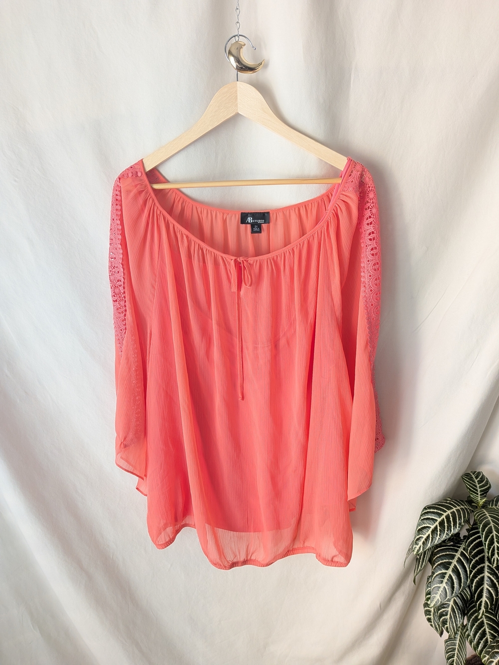 Avenue Coral Off-Shoulder Peasant Blouse with Lace Sleeves